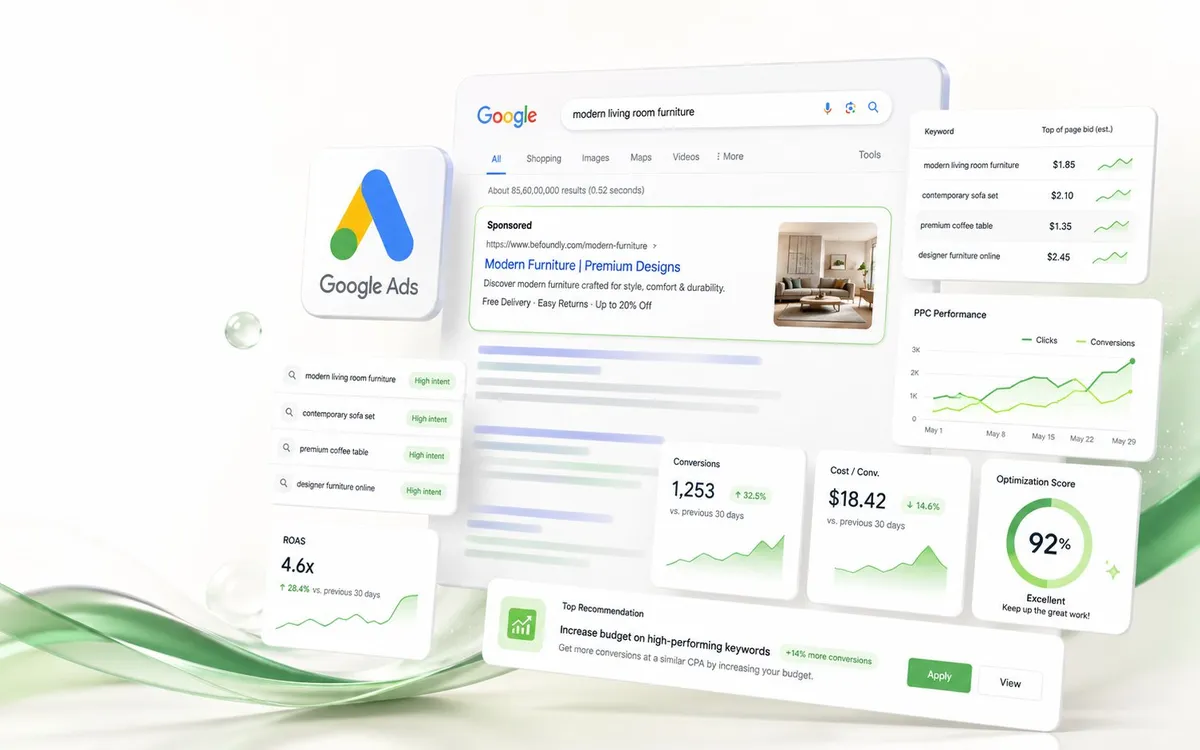 Google Ads campaign dashboard with sponsored search result, ROAS, conversions, and optimization score