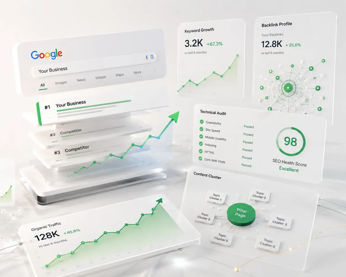 SEO dashboard showing first-position Google ranking, organic traffic growth, technical audit, and content clusters